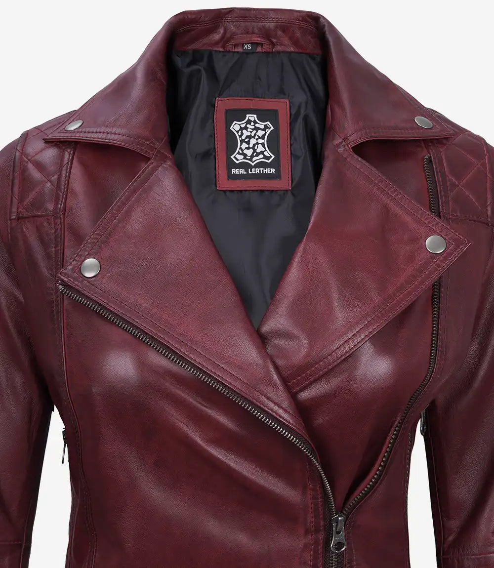 Womens Real Lambskin Leather Asymmetrical Maroon Moto Jacket
