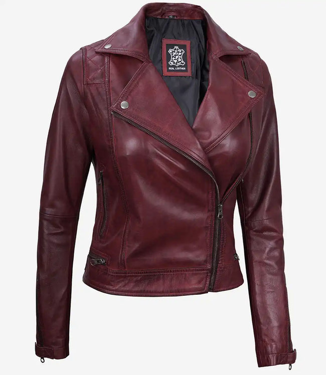 Womens Real Lambskin Leather Asymmetrical Maroon Moto Jacket