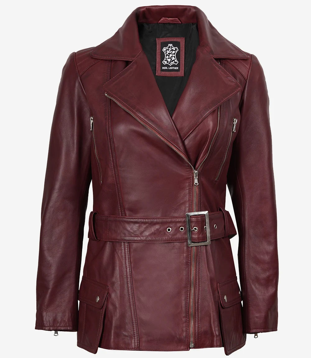 Womens Leather Burgundy Biker Jacket