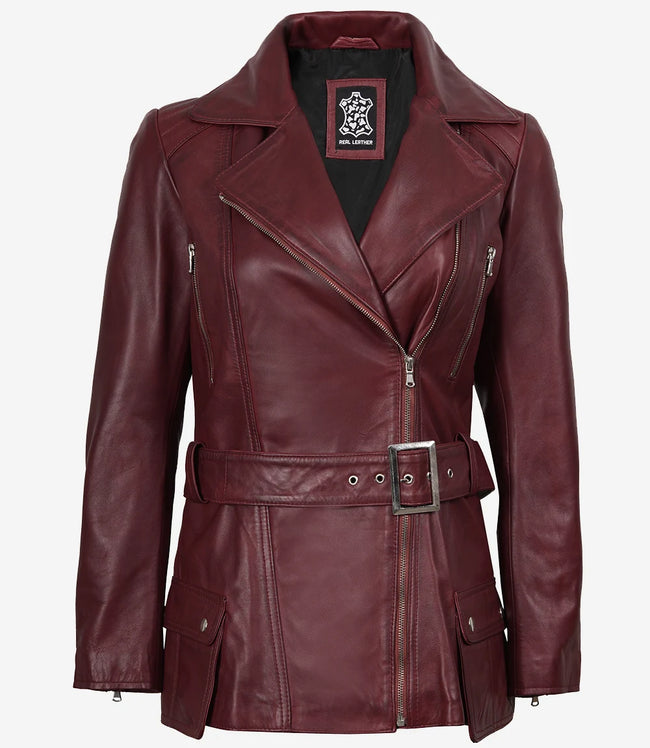 Womens Leather Burgundy Biker Jacket