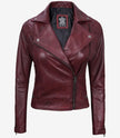 Womens Real Lambskin Leather Asymmetrical Maroon Moto Jacket