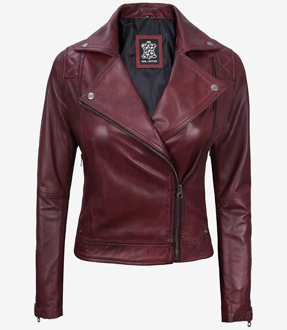 Womens Real Lambskin Leather Asymmetrical Maroon Moto Jacket