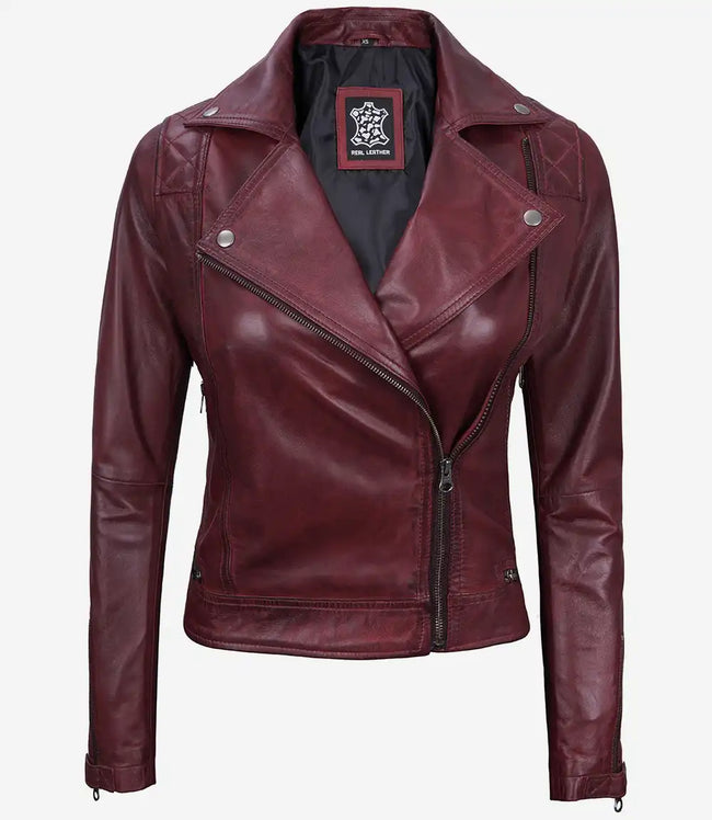 Womens Real Lambskin Leather Asymmetrical Maroon Moto Jacket