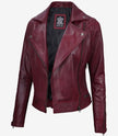 Womens Real Lambskin Leather Asymmetrical Maroon Moto Jacket