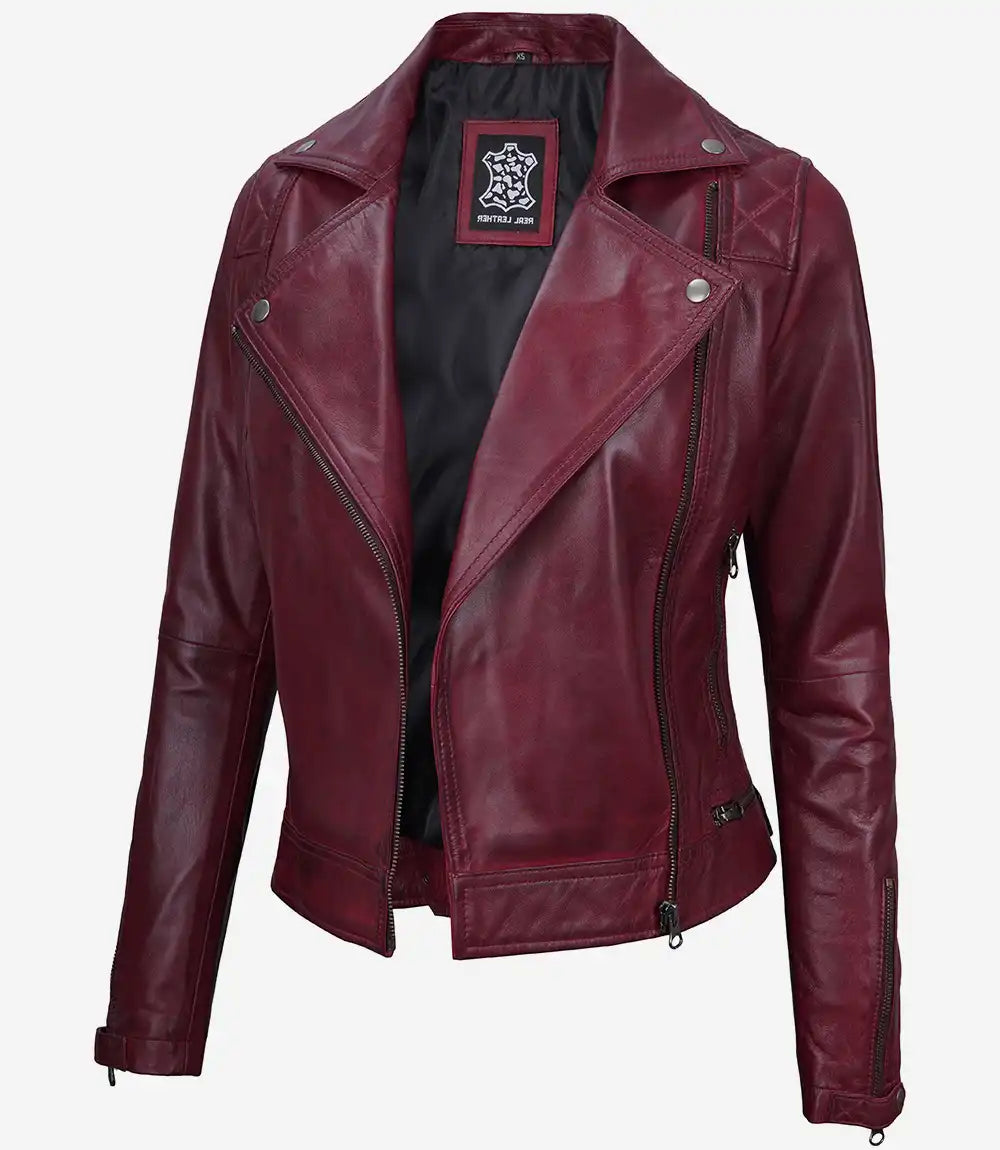 Womens Real Lambskin Leather Asymmetrical Maroon Moto Jacket