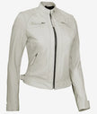 Womens Real Lambskin Leather White Quilted Biker Jacket