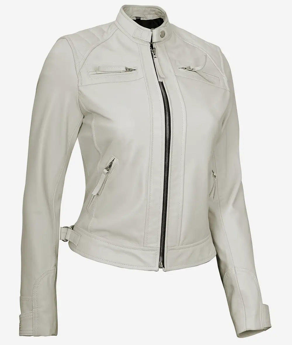 Womens Real Lambskin Leather White Quilted Biker Jacket