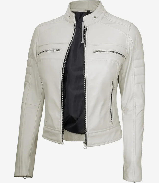 Womens Real Leather White Biker Jacket