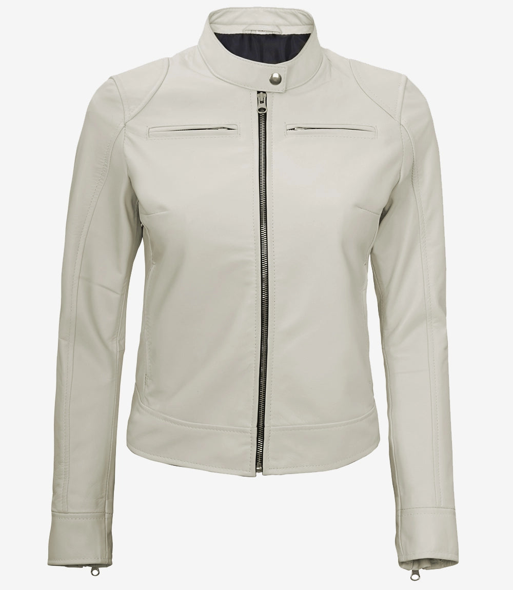 Womens Biker Racer White Leather Jacket