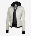 Womens White Bomber Leather Jacket with Removable Hood
