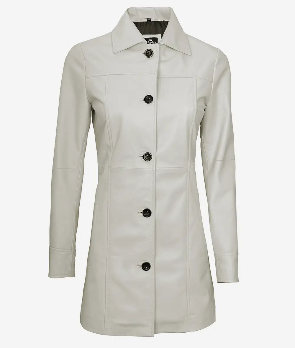 Womens Real Leather White Car Coat