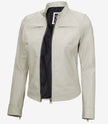 Womens Biker Racer White Leather Jacket