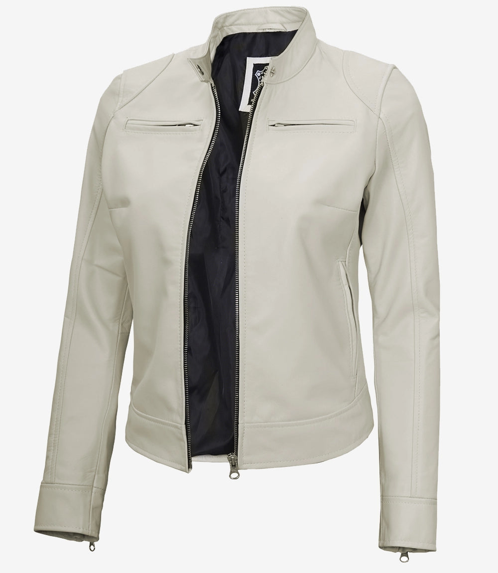 Womens Biker Racer White Leather Jacket