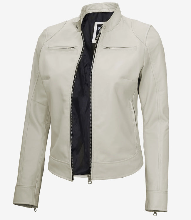 Womens Biker Racer White Leather Jacket