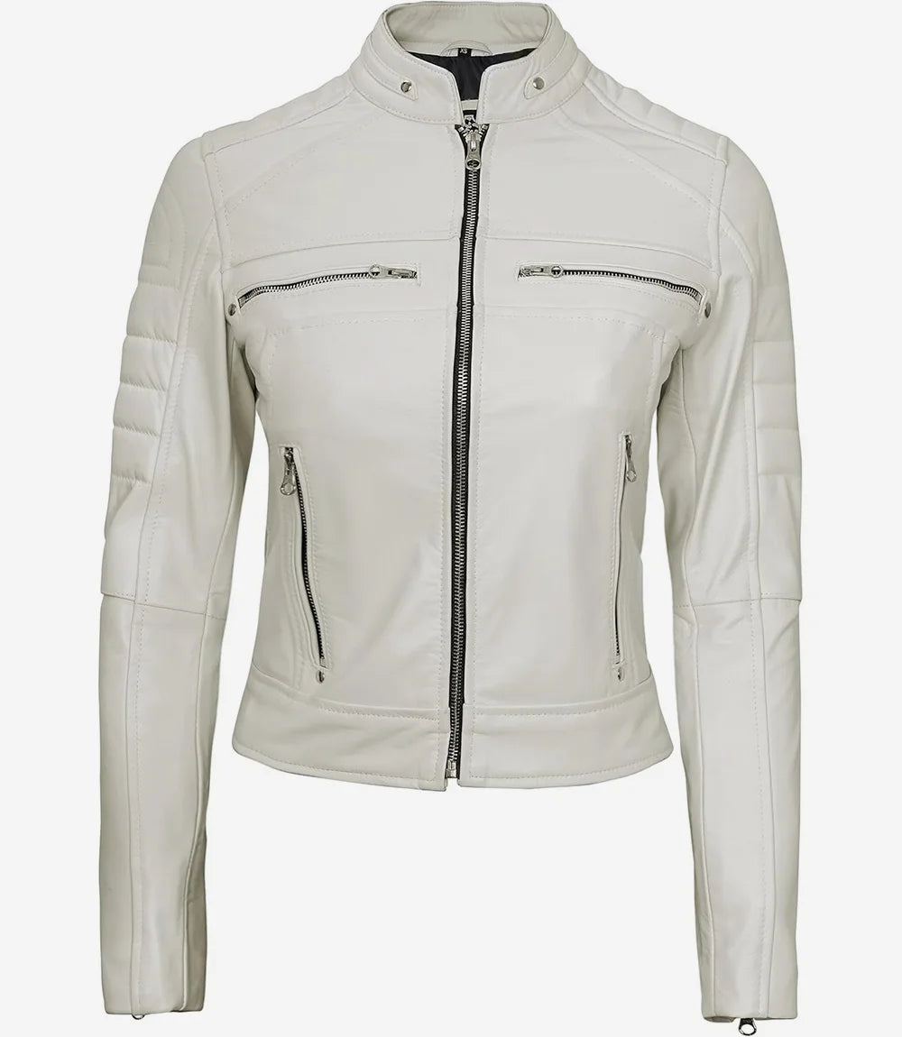 Womens Real Leather White Biker Jacket