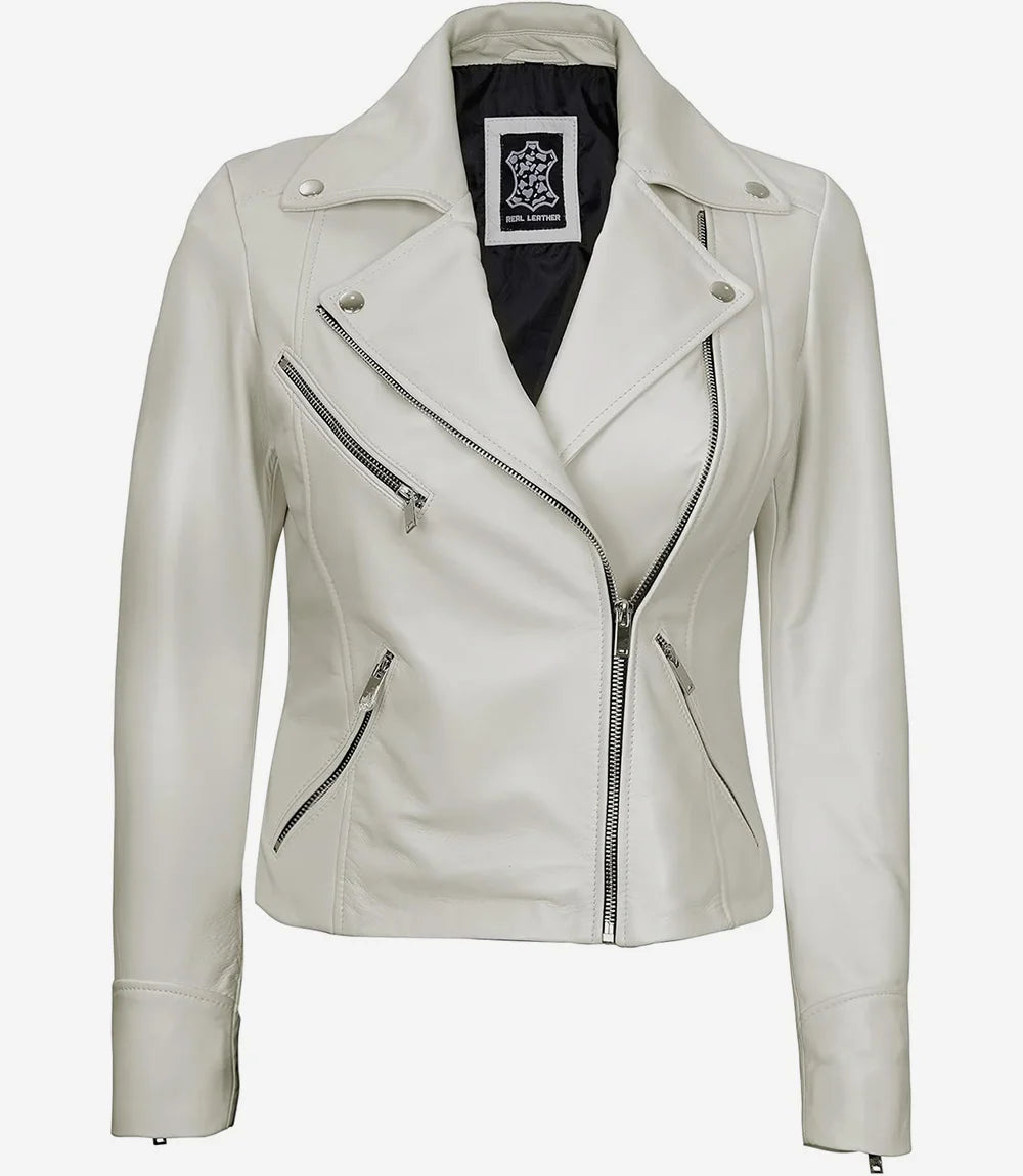 Womens Real Lambskin Leather White Moto Jacket