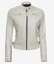 Womens Real Lambskin Leather White Quilted Biker Jacket