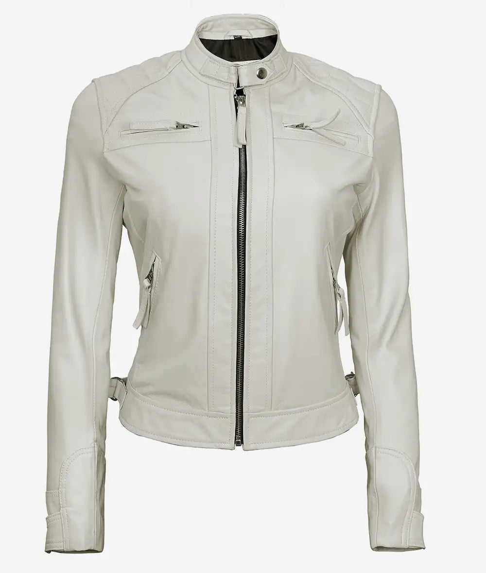 Womens Real Lambskin Leather White Quilted Biker Jacket
