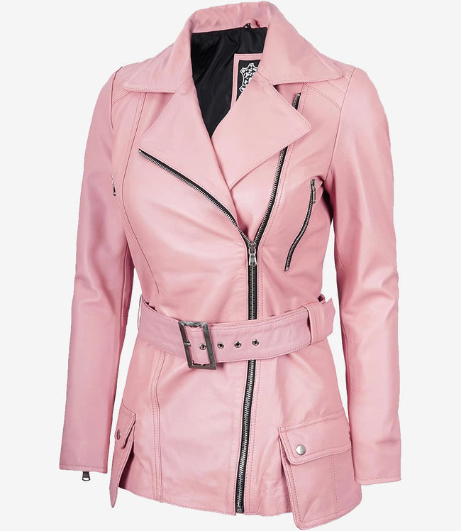 Womens Pink Belted Moto Leather Jacket