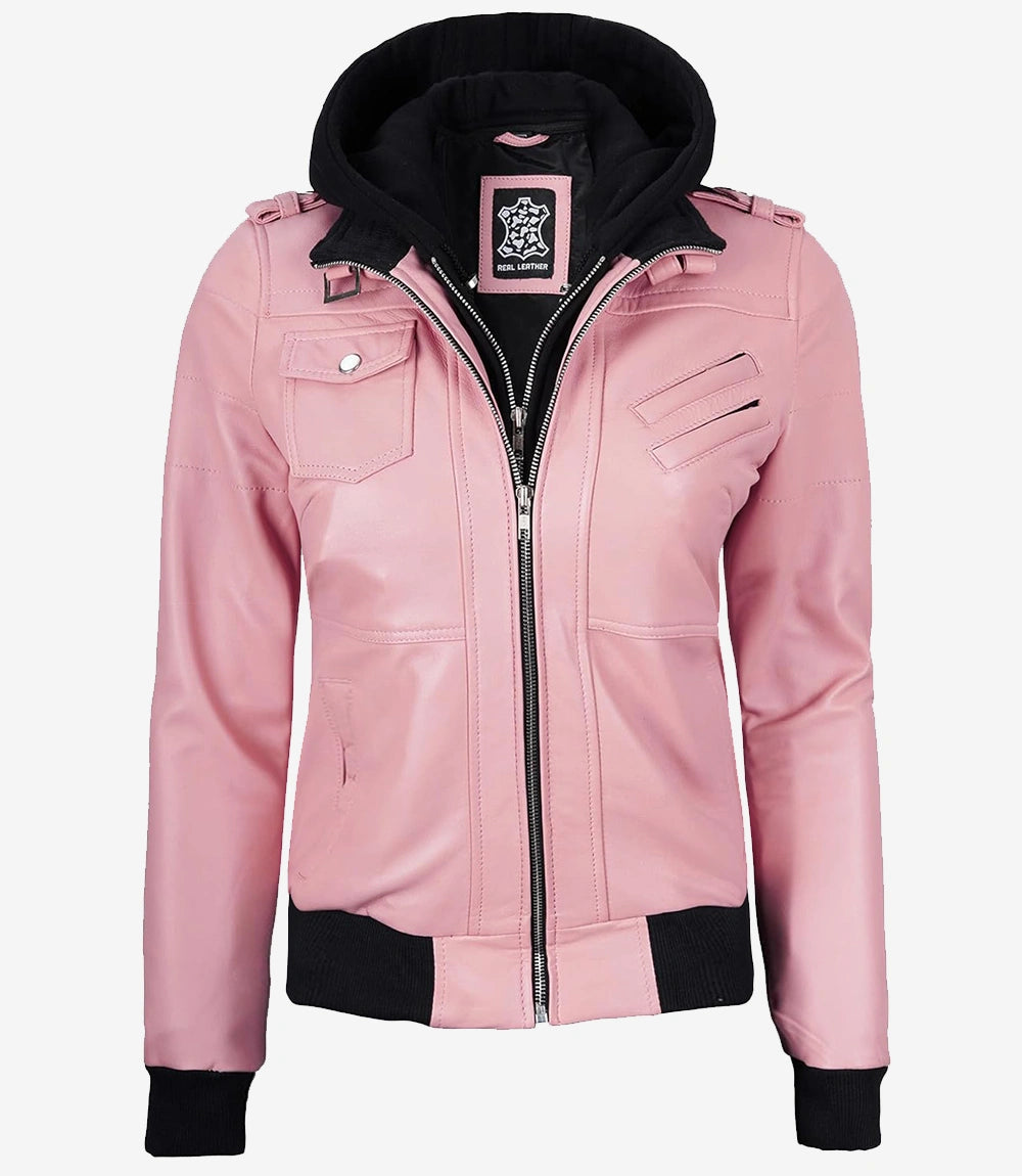 Womens Pink Hooded Bomber Leather Jacket