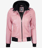 Womens Pink Hooded Bomber Leather Jacket