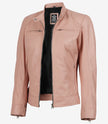 Womens Biker Racer Light Pink Leather Jacket