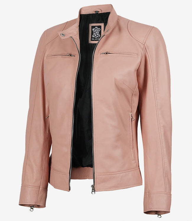 Womens Biker Racer Light Pink Leather Jacket