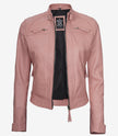 Womens Real Lambskin Leather Pink Quilted Biker Jacket