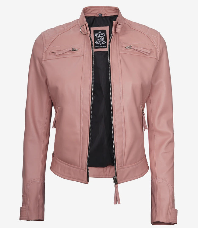 Womens Real Lambskin Leather Pink Quilted Biker Jacket