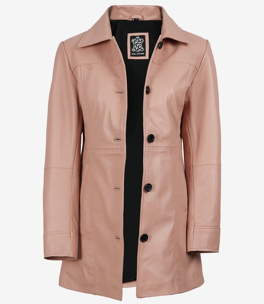 Womens Real Leather Pink Car Coat