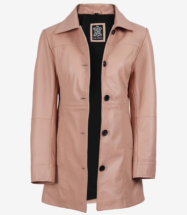 Womens Real Leather Pink Car Coat