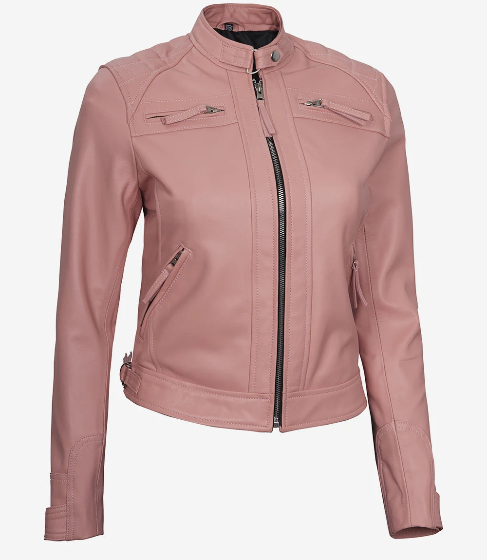 Womens Real Lambskin Leather Pink Quilted Biker Jacket