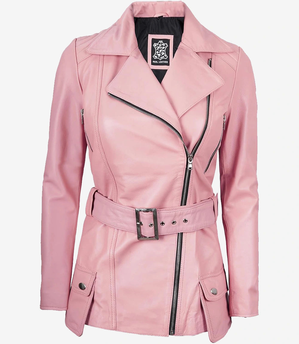 Womens Pink Belted Moto Leather Jacket