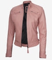 Womens Real Lambskin Leather Pink Quilted Biker Jacket
