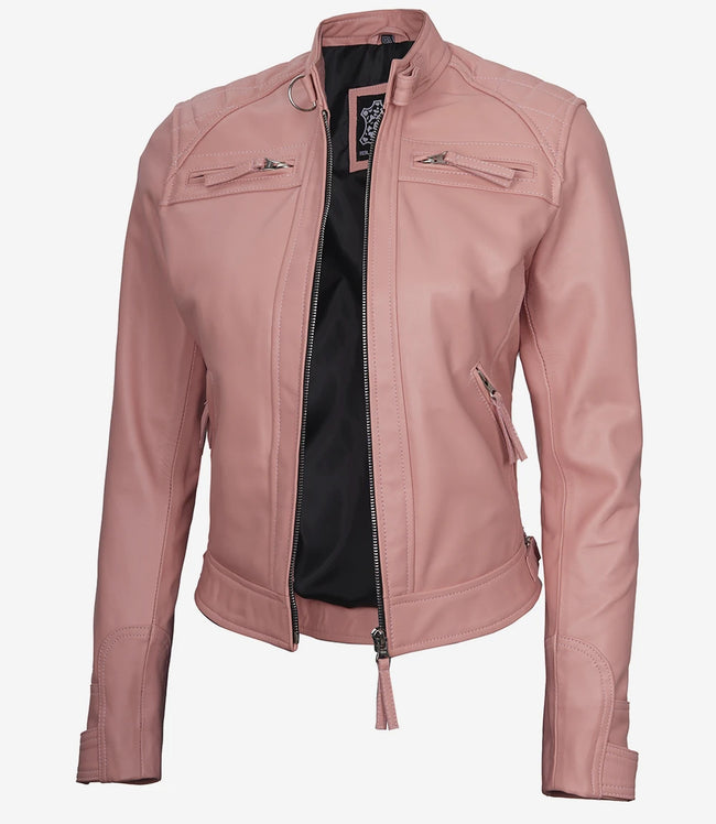 Womens Real Lambskin Leather Pink Quilted Biker Jacket