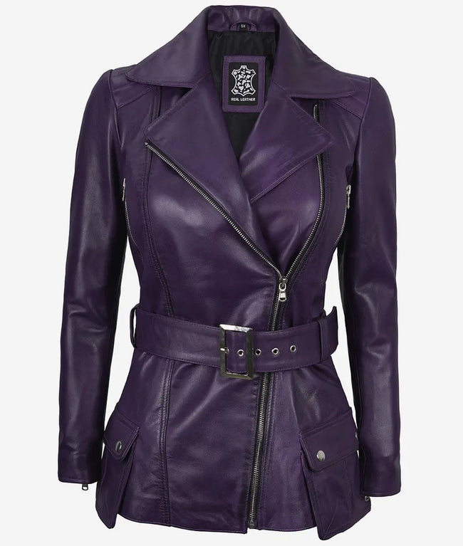 Womens Purple Belted Moto Leather Jacket
