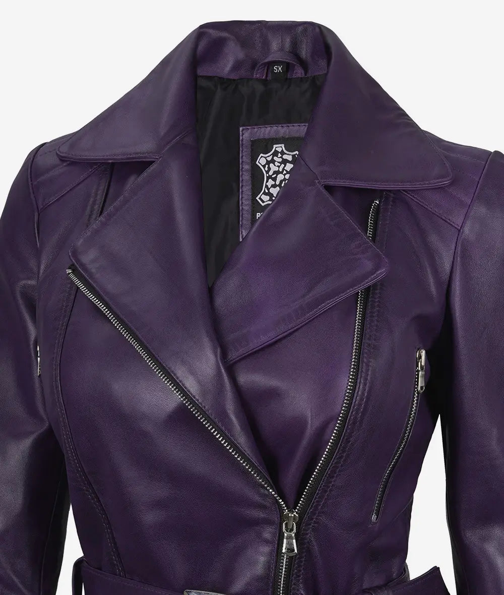 Womens Purple Belted Moto Leather Jacket