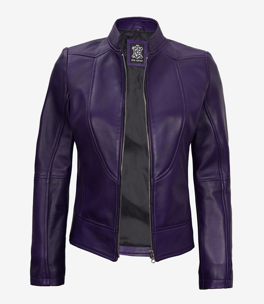 Womens Biker Cafe Racer Purple Leather Jacket