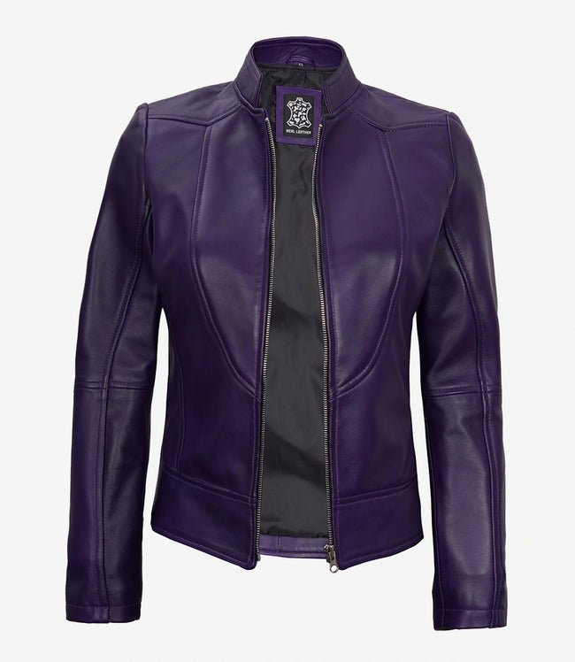 Womens Biker Cafe Racer Purple Leather Jacket
