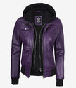 Womens Purple Hooded Bomber Leather Jacket