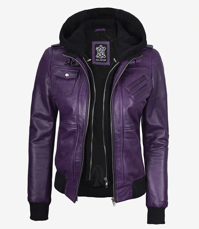 Womens Purple Hooded Bomber Leather Jacket