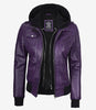 Womens Purple Hooded Bomber Leather Jacket