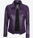 Womens Shirt Collar Purple Leather Jacket