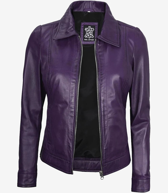 Womens Shirt Collar Purple Leather Jacket