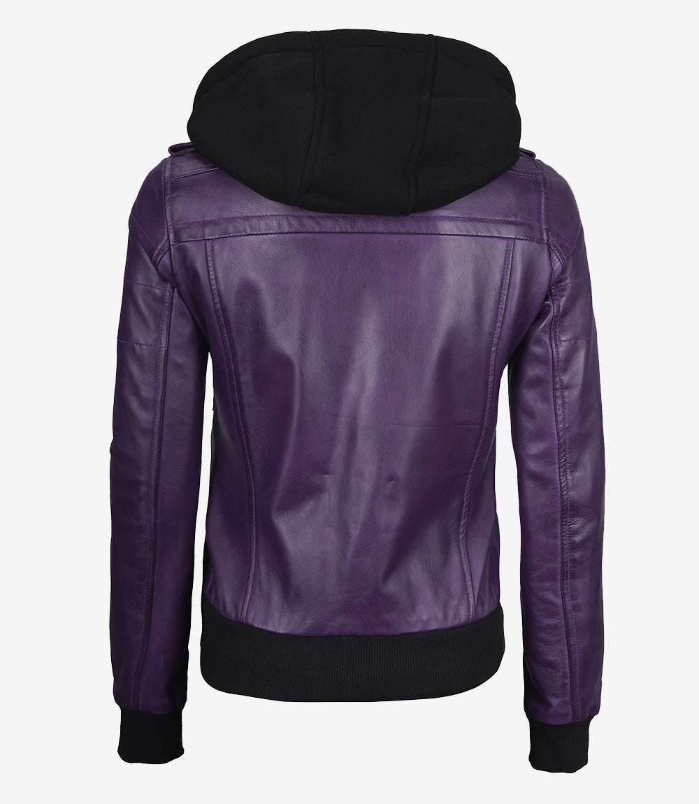 Womens Purple Hooded Bomber Leather Jacket