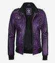 Womens Purple Hooded Bomber Leather Jacket
