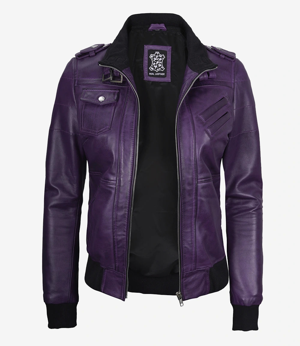 Womens Purple Hooded Bomber Leather Jacket