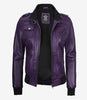 Womens Purple Hooded Bomber Leather Jacket