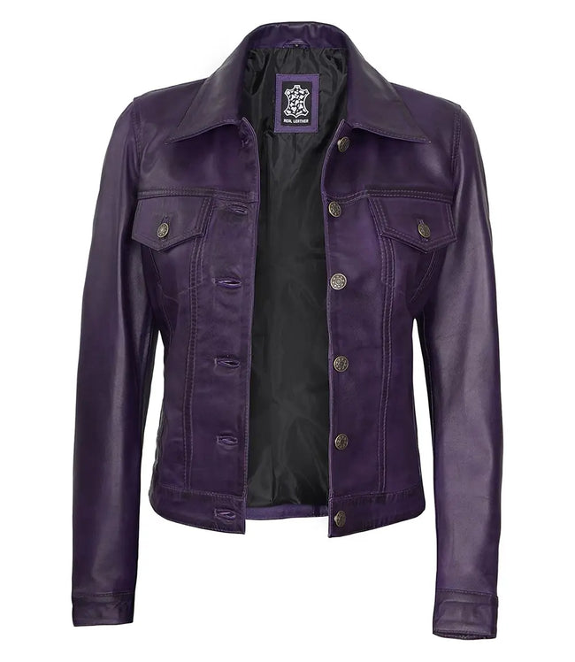 Womens Purple Trucker Leather Jacket