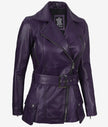 Womens Purple Belted Moto Leather Jacket
